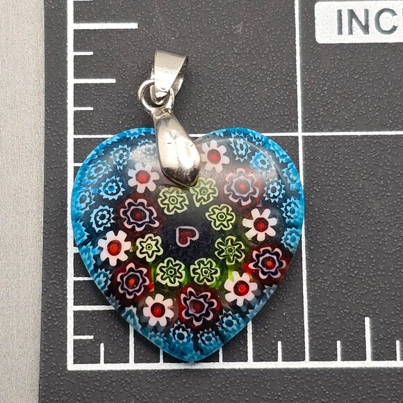 Murano Style Millefiori Glass Heart Pendant 1.25" Multicolor Floral 18k GF Bail - Picture 5 of 5